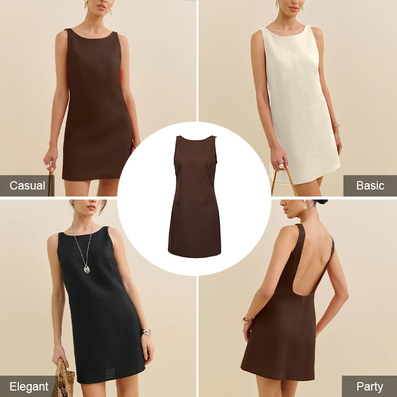 Women's Cotton Linen Dress New Style Solid Color Round Neck Sleeveless Backless Sexy Elegant Jumpsuit Short Skirt vestidos