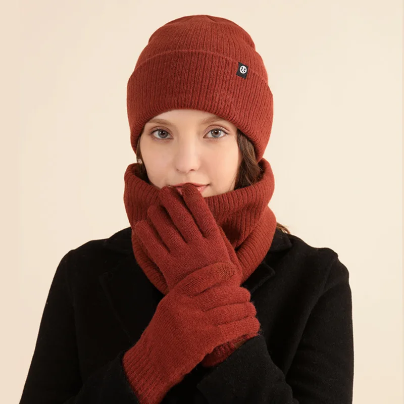 Conjunto de 3 piezas de invierno para hombres y mujeres, gorro, bufandas, guantes de pantalla táctil, punto, cálido, forro de terciopelo grueso,