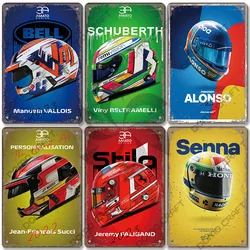F1 Racing Helmet Poster Metal Plate Motorcycle Helmet Red Yellow Blue Retro Metal Tin Signs Wall Decor Garage Club Man Cave