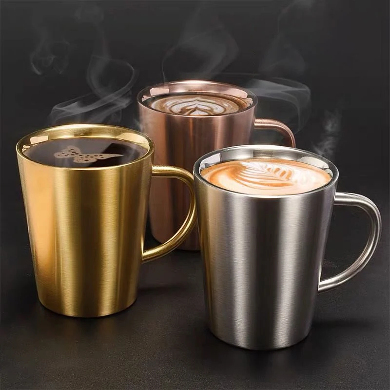 304 Stainless Steel Beer Cup Double-Layer Water Cup Home Dining Drinkware Mugs Gold Sliver Coffee Mugs With Handle 300ml