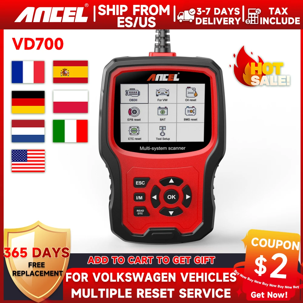 ANCEL VD700 OBD2 Automotive Scanner Mechanical  Workshop Tool TPMS Oil ABS EPB DPF TPS Airbag Reset OBD 2 Car Diagnostic Tools