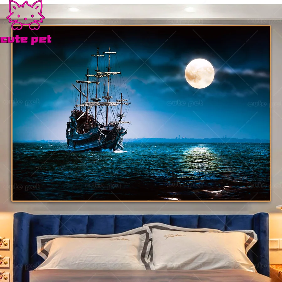 DIY Diamond Embroidery Under the moon Sailing boat sea 5D Diamond Painting rhinestone pictures Full drill Home Decor Handmade