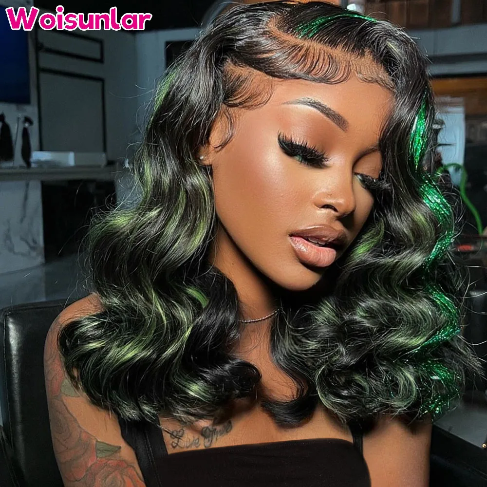 

Highlight Green and Black Transparent 13x4 13x6 Body Wave Frontal Wig PrePlucked Glueless 6x4 Lace Closure human hair wigs 100%