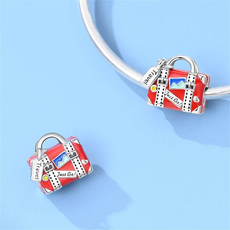 

925 Sterling Silver Red Suitcase Charms Beads For Women Fit Original Bracelet DIY Birthday Party Jewelry Gifts