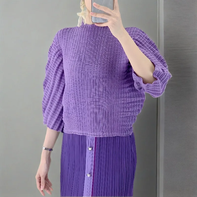 

Miyake Pleated Elegant Office T-Shirt Women's Pleats Top Formal Korean Style Linen Breathable Work Wear Slim Fit‌ Clothing