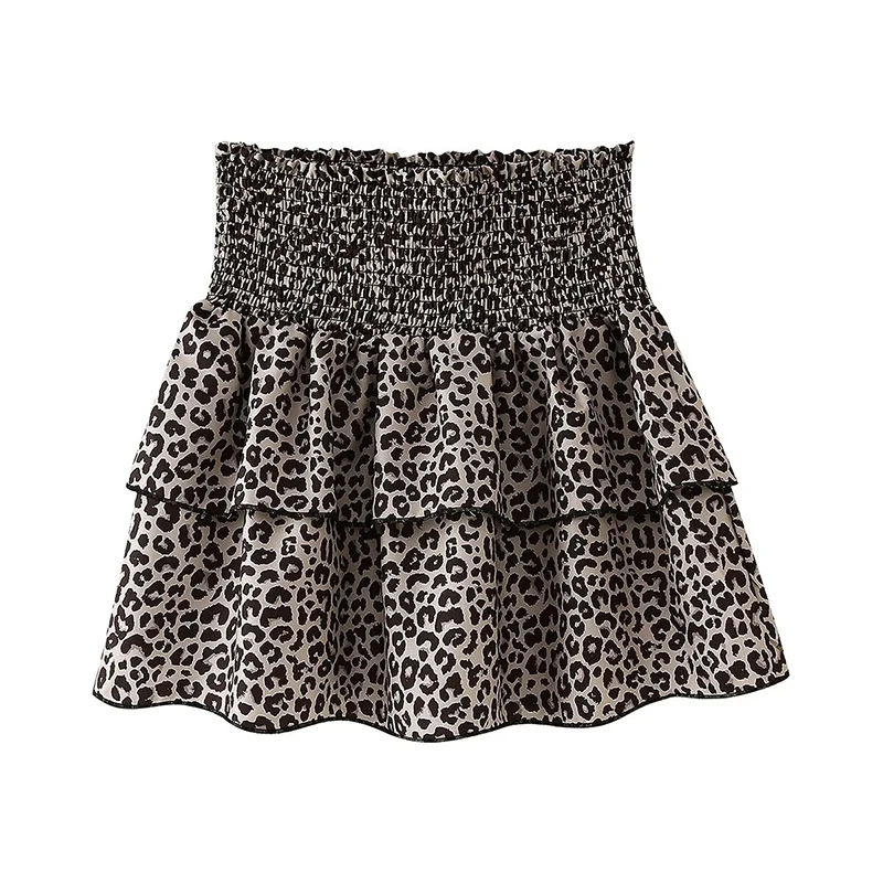 

Summer Leopard Print Pleated Mini Skirt Womens Vintage Ruffle Cake Hem Short Female Sweet Skirts 2024 Lace Up Y2K Lady Skirts