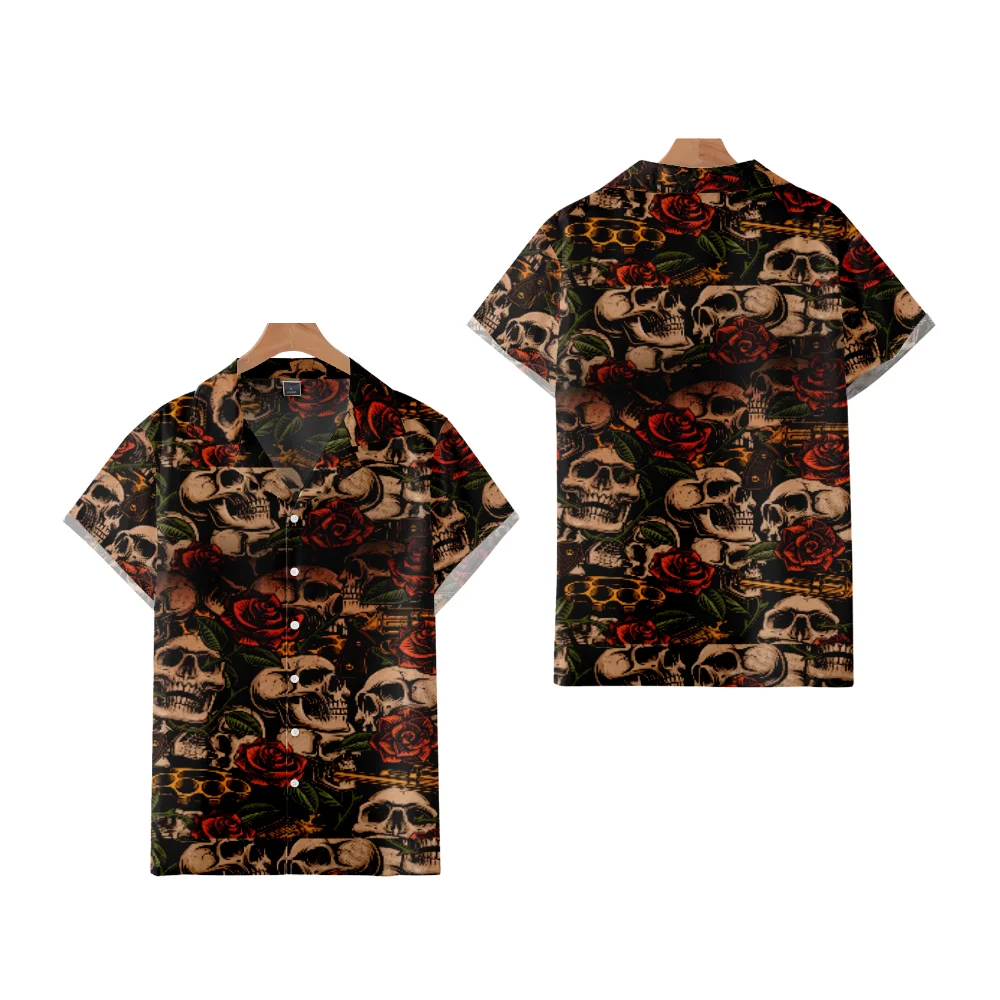 Men's Short Sleeve Skull Shirts Terror Hip Hop Summer Loose Casual Hawaiian Holiday Tops Button Up for Men