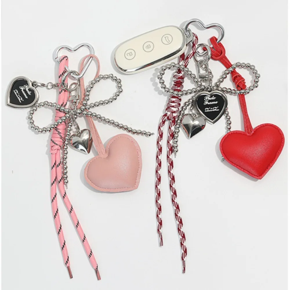 

Cute Glossy Leather Pearl Bow Keyring Y2k Bead Love Heart Backpack Pendant Long Tassel Korean Style Bag Purse Decor School