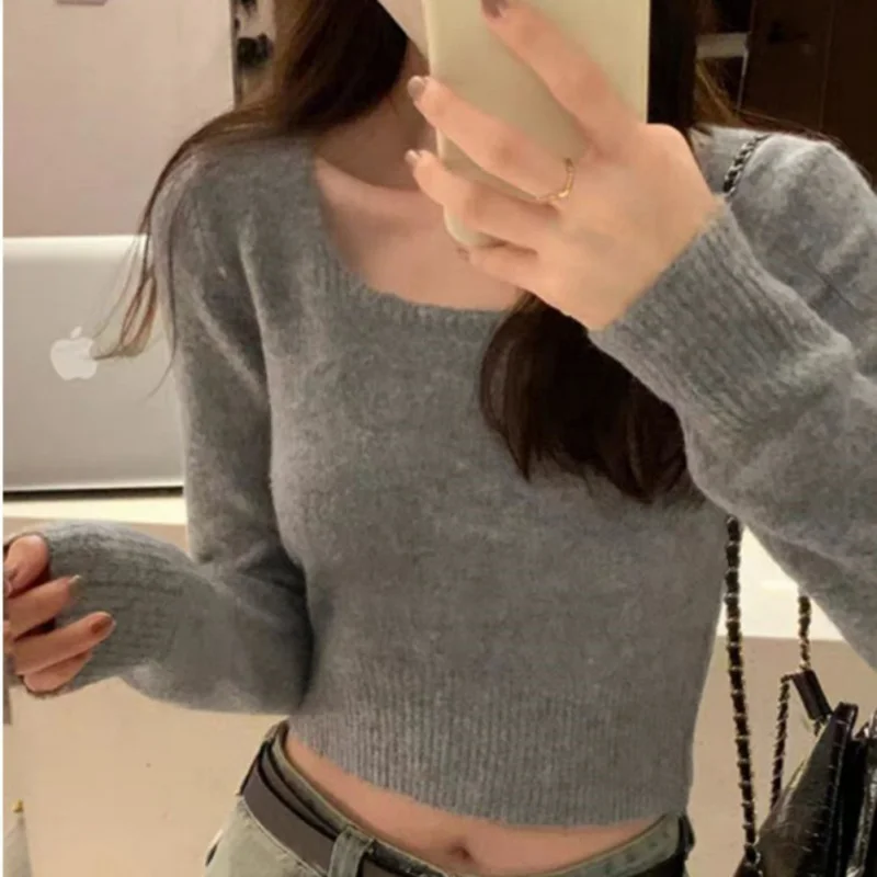 

Autumn Square Neck Short Soft Sticky Knit Sweater T-shirts Winter Warm Women Fall Pullover Long Sleeve Tops Female Bottom Shirt