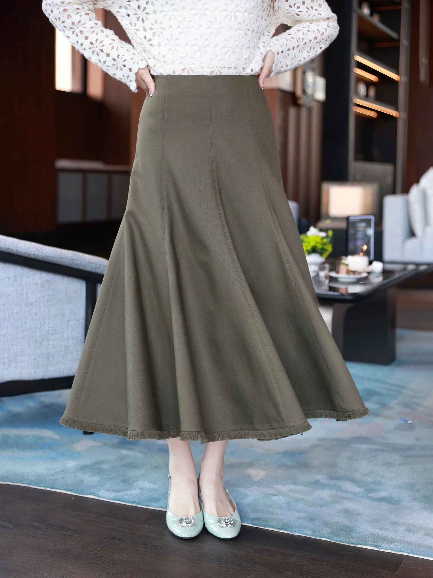 

Юбка-миди WinnieTang из шелковой шерсти с 3D-отделкой и бахромой, А-силуэт, на резинке, для повседневной носки, женская, полиэстер