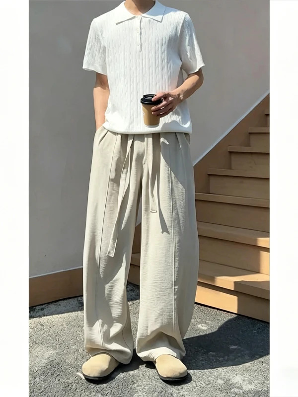 Loose Men's Summer Lightweight Breathable Wide Leg Pants Casual Loose Long Trousers Folded Linen Feel Fashionable Straight Cut