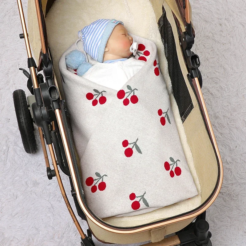 Newborn Baby Blanket 90*70CM Cotton Knitted Toddler Bedding Quilt Cute Cherry Plaid Covers Infant Girl Boy Stroller Swaddle Soft