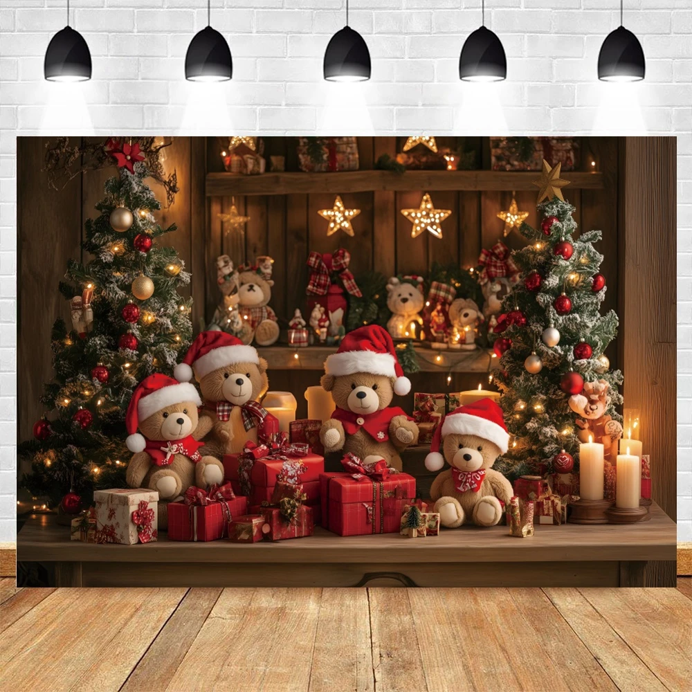 Christmas Photography Backdrops Classic Retro Wooden Board Bear Fireplace Xmas Decor Family Party Kids Portrait Photo Background