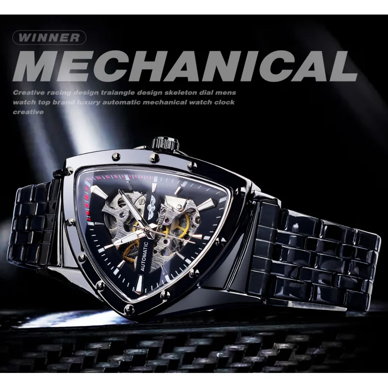 Official brand of free shippingMen's Triangle Mechanical Fashion Hollowed-out Transparent Back Cover Men's Watch