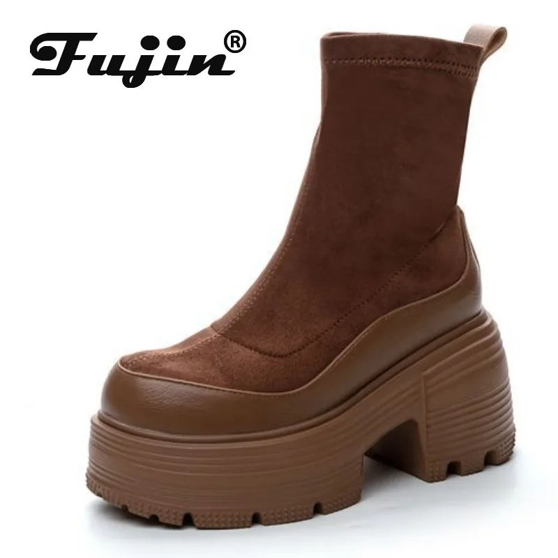 Fujin 9cm Synthetic Microfiber Leather Stretch Fabric Autumn Winter Plush Spring Knee High Ankle Boots Woman Motorcycle Shoes