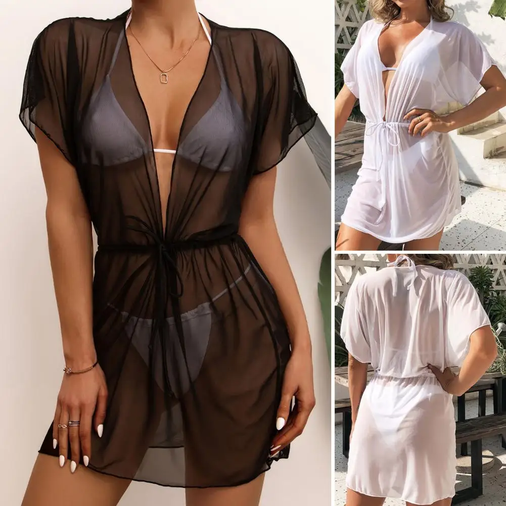 Vestido de playa de malla Sexy para mujer, cuello en V, cintura con cordón, Bikini Hawaiano, encubrimiento transparente, traje de baño