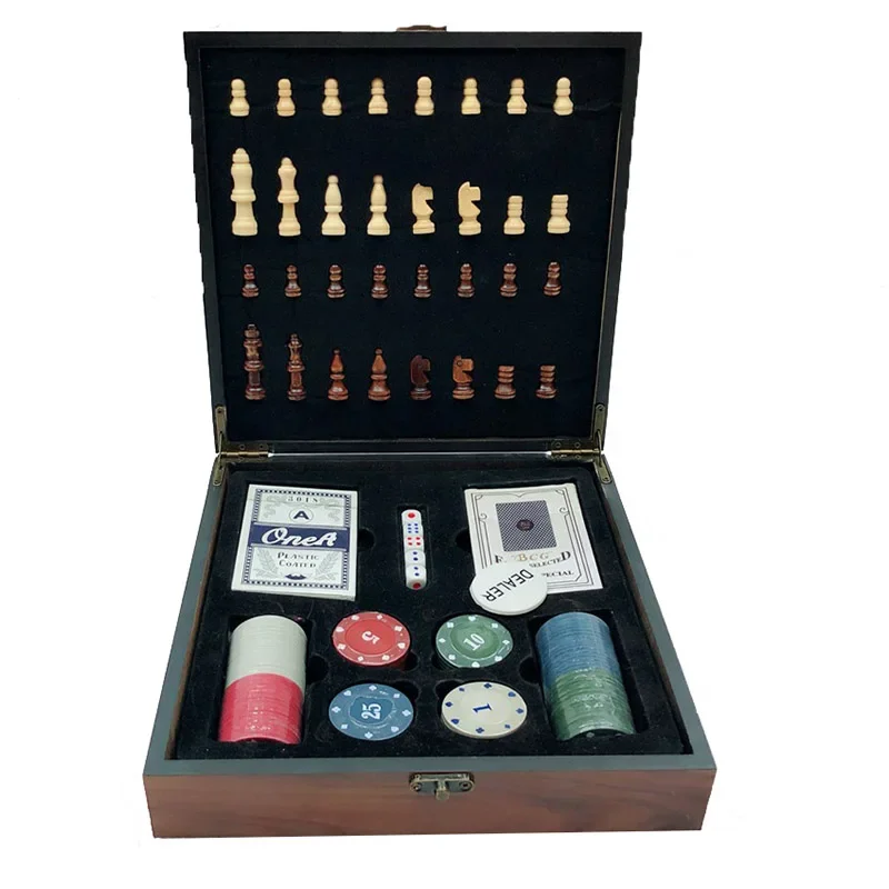 Wooden Chess Pieces Board Poker Set Chips Dices Family Friends Entertainment Krahn Tray