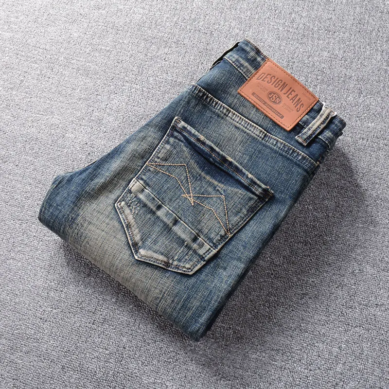 Fashion Designer Men Jeans High Quality Retro Washed Blue Stretch Slim Fit Ripped Jeans Men Italian Style Vintage Denim Pants