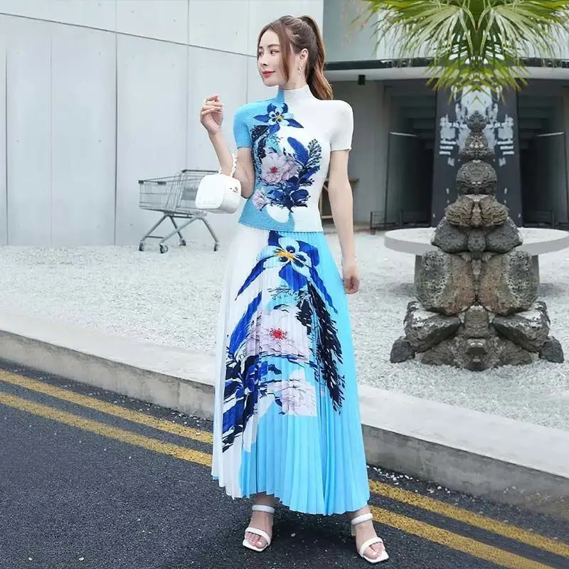 2024 Summer New Western Printed Three House Ruffled Fashion Elegant and Elegant Age Reducing Goddess Style Two Piece Set