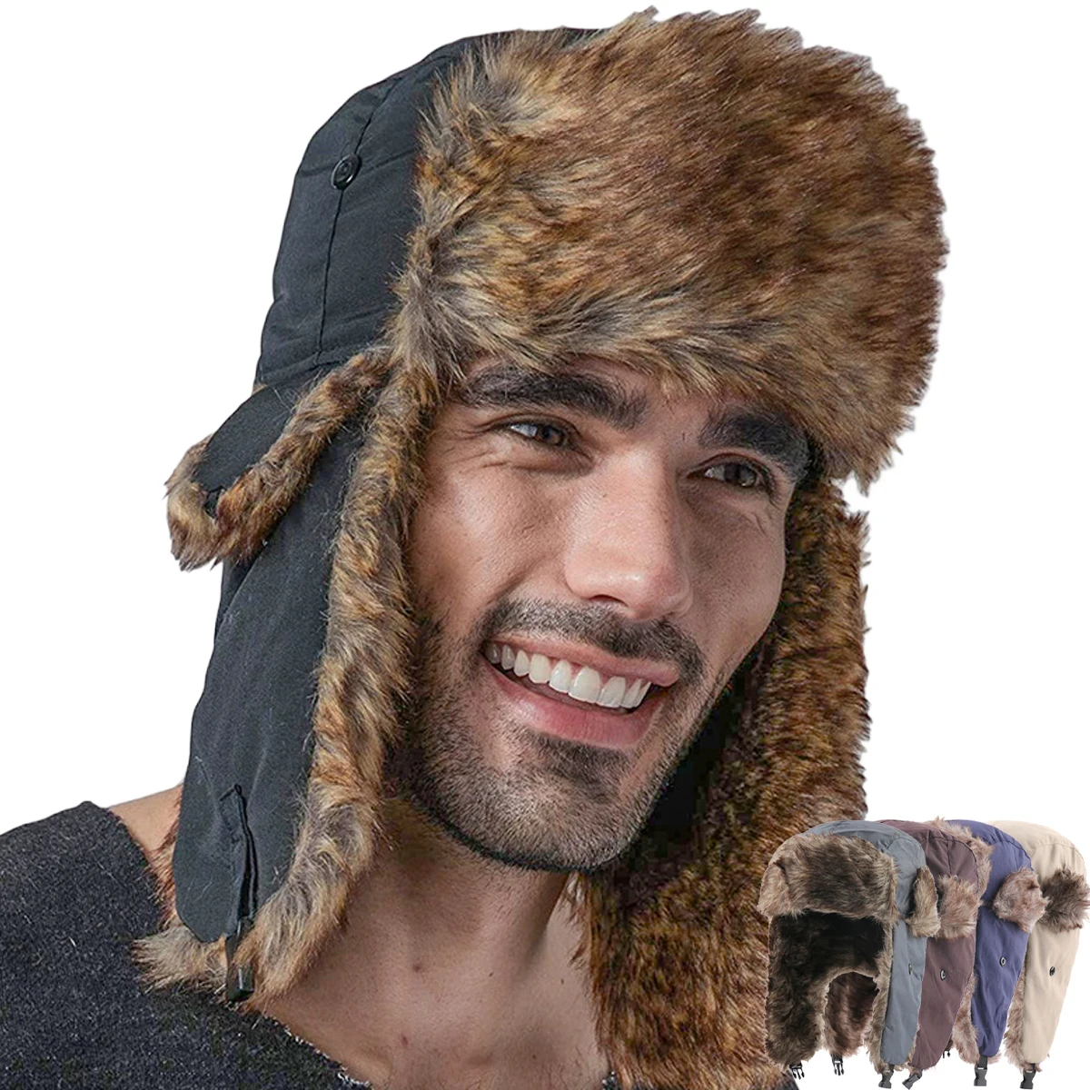 Men's Winter Trapper Aviator Trooper Earflap Warm Russian Waterproof Ski Hat Bomber Cap Warm Ear Protectors Hats Windproof Caps