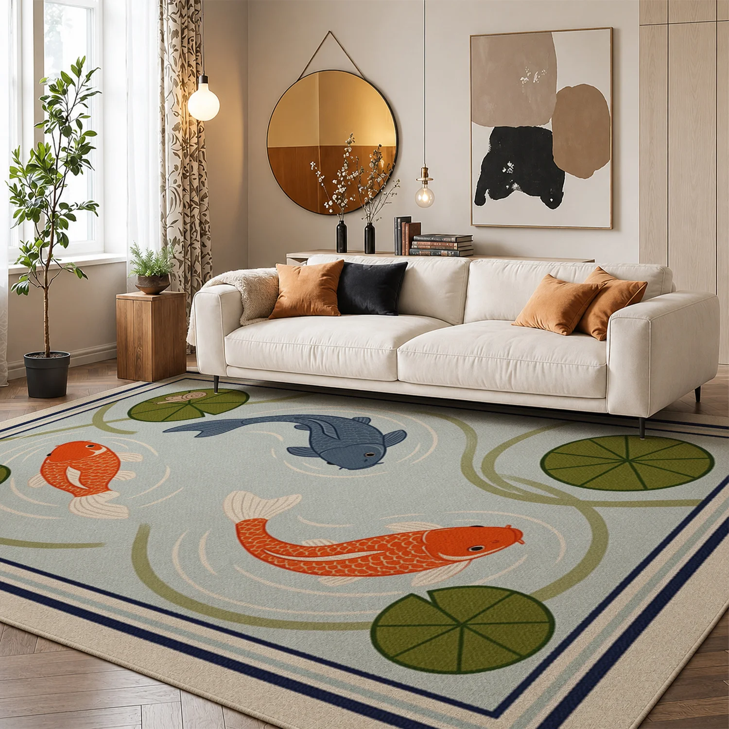 Koi Fish Lily Pad Pond Pattern Velvet Area Rug, Machine Washable, Stays Firmly in Place, Ideal for Entryway, Living Room, Kitchen, Perfect for Halloween, Thanksgiving, Black Friday, Christmas, New Year Home Decor