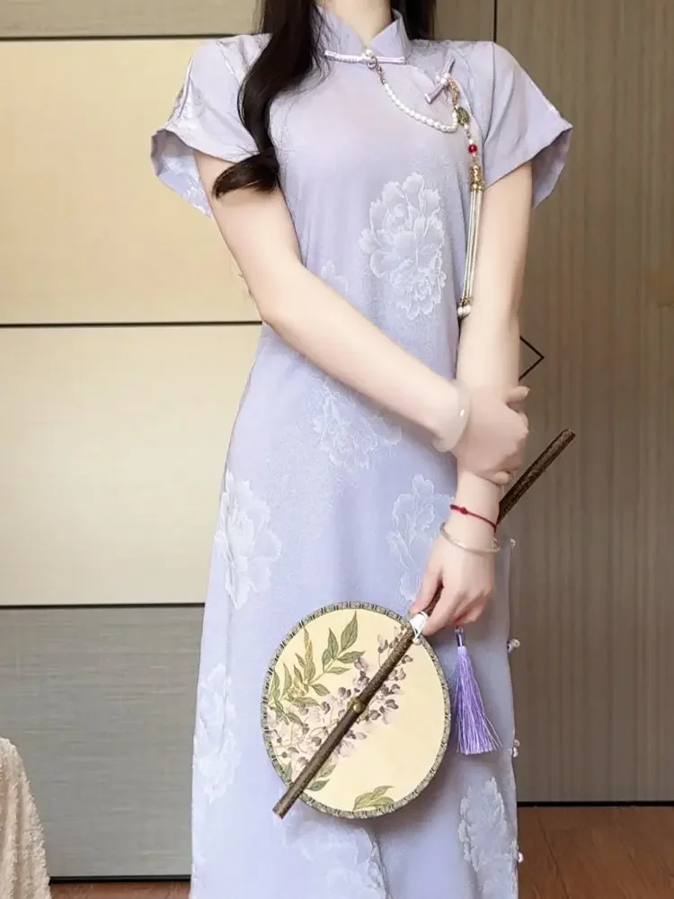 

Лето 2025 г., новое фиолетовое китайское платье Cheongsam, улучшенное повседневное винтажное платье Ципао с короткими рукавами и воротником-стойкой
