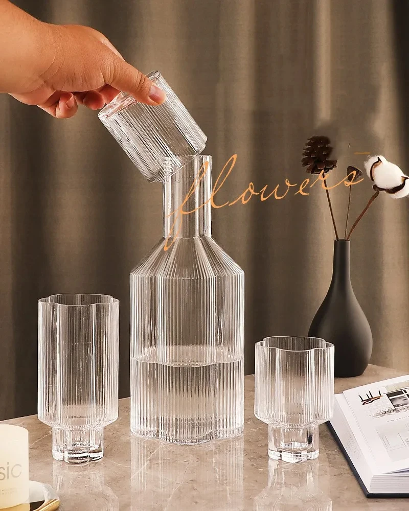 1300ml Ripple Glass Cup Kettle Set Home Table Decor Creative Drinkware Water Coffee Drinks Glass Cups Goblet Carafe Glassware