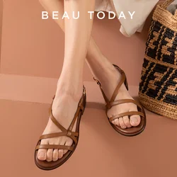 BEAUTODAY Gladiator Sandals Women Cow Leather Narrow Band Slingback Buckle Strap Summer Beach Ladies Flat Shoes Handmade 32283