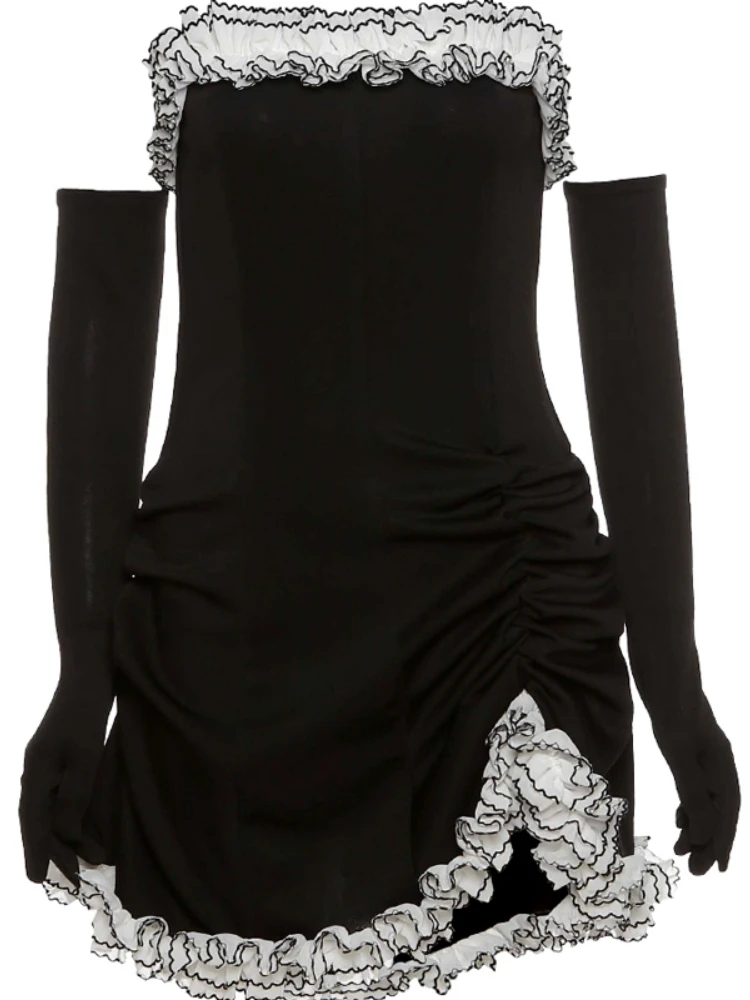 

Gothic Dark Style Super Waist Slimming Hip Dress Collarbone Charming Wooden Ear Tube Irregularly A- line Skirt