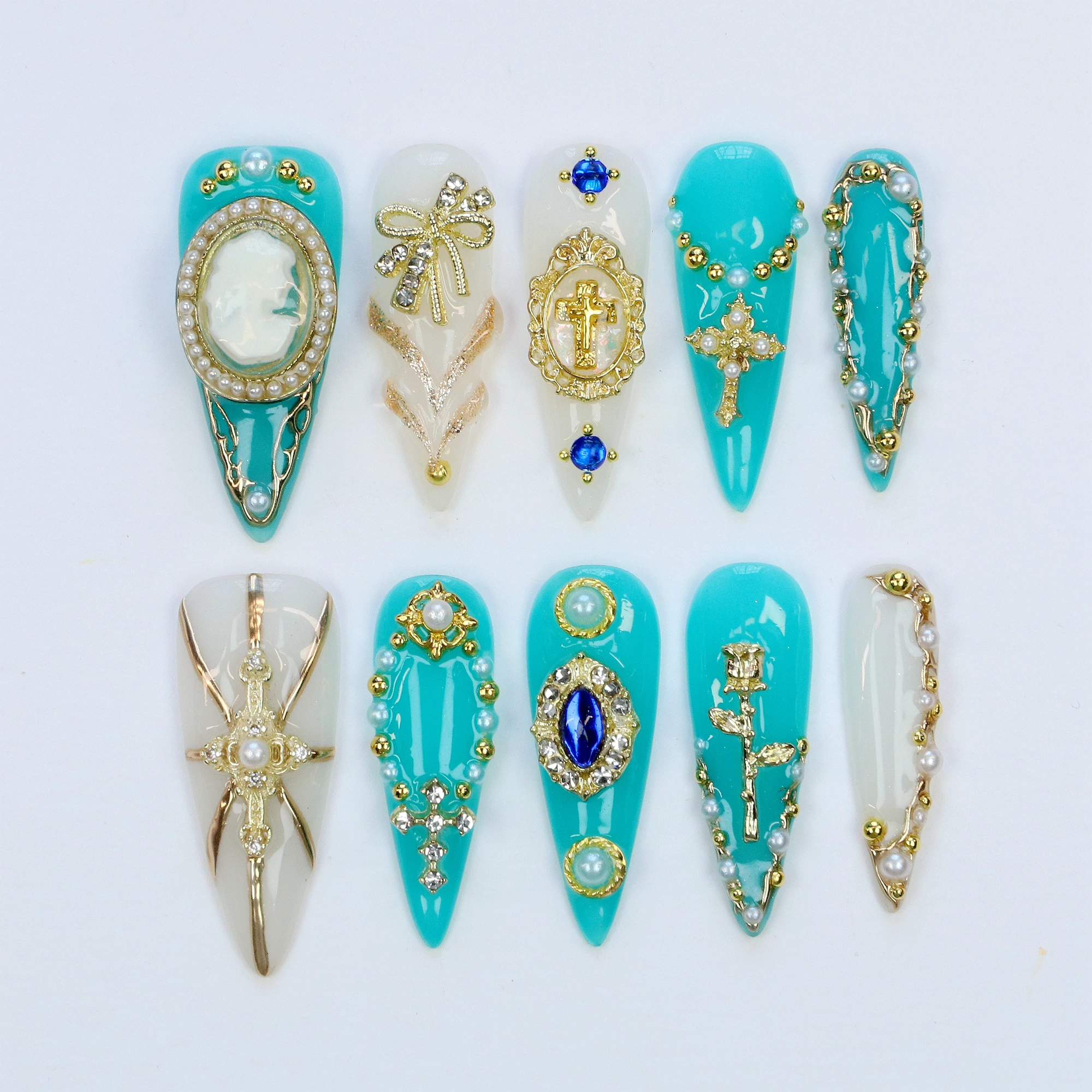 10Pcs Custom Design Luxury Long Stiletto Press On Nails,Chrome Gold Cross Virgin Mary Nail Art Catholic Handpainted Nails