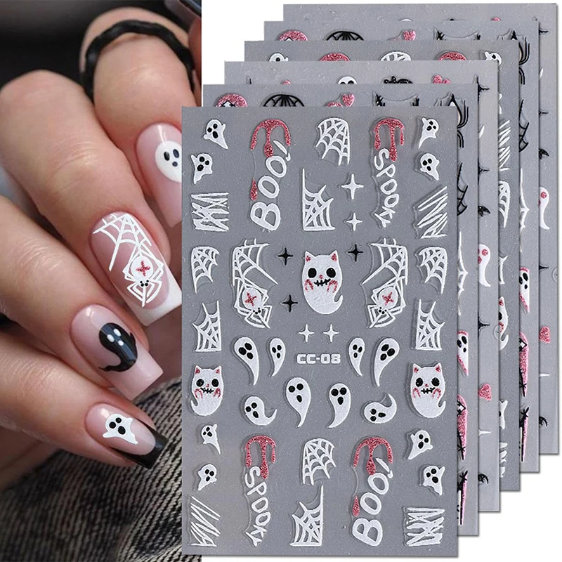 مضيئة تنقش شبح مضيئة مسمار الفن ملصقات هالوين الكرتون العنكبوت الجمجمة مسمار الشارات العنكبوت ويب المنزلق للتقليم DIY بها بنفسك