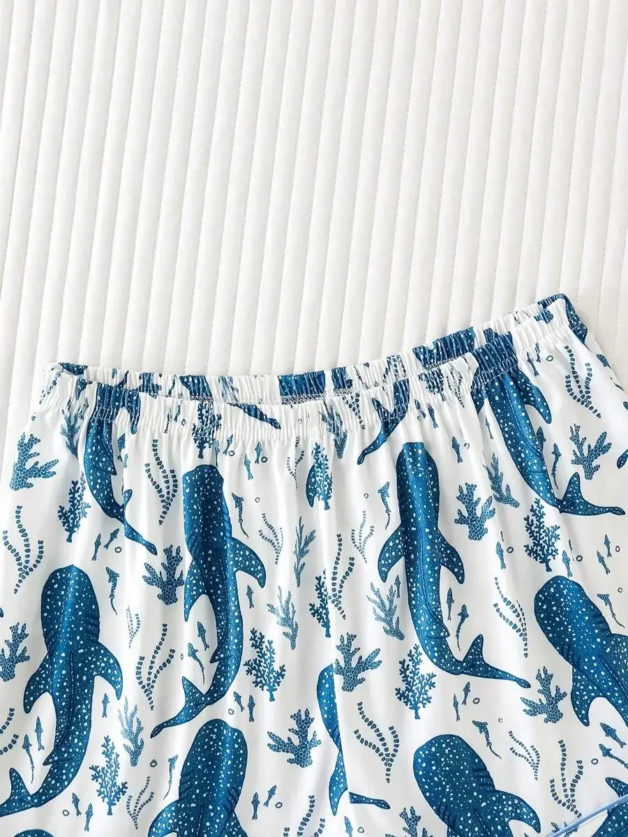 

2pcs Whale Shark Ocean Print Women Satin Pajama Set Loose Short Sleeve Top And Shorts Sleepwear