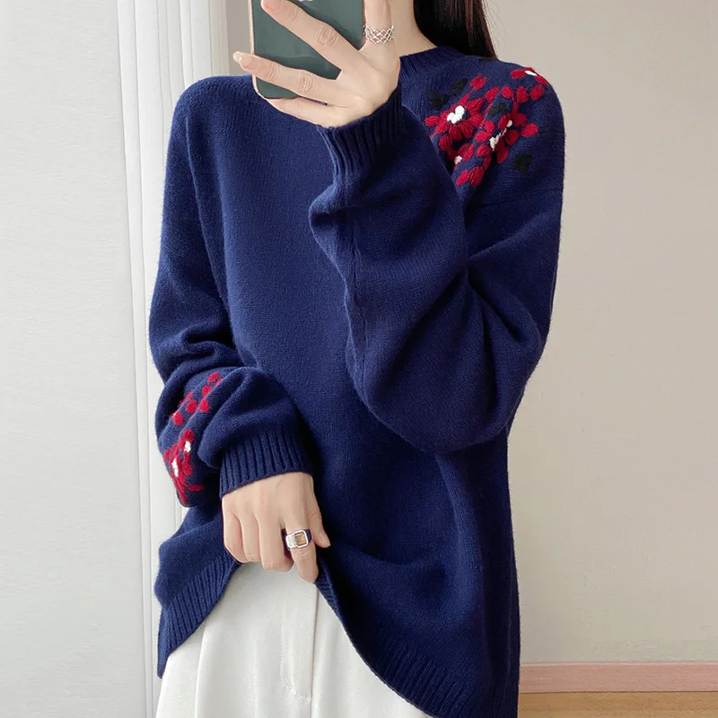 Женский толстый трикотаж из 100% шерсти - пуловер с круглым вырезом - украшенный вышивкой на плечах, теплый материал и деликатес