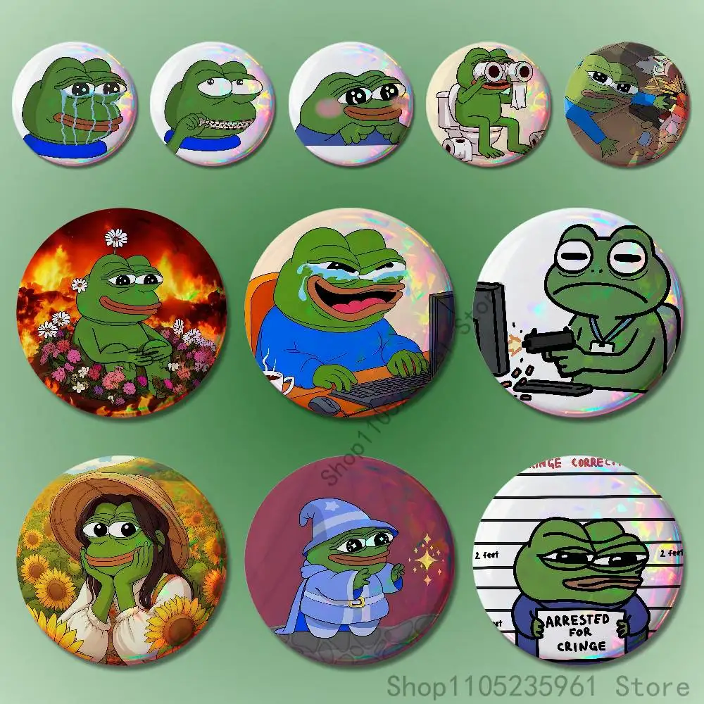 

Frogs Sad Pepe 58mm 44mm HD Print Brooch Badges Pretty Derby Round Display Brooches Lapel Pins Custom