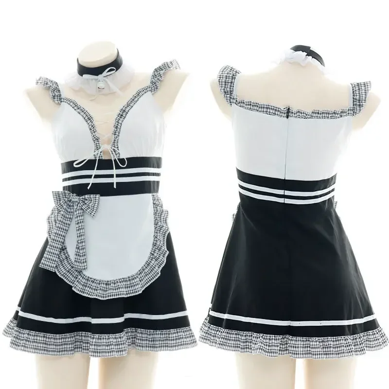 

New Two-Dimensional Sexy Suit Maid Costume Japanese Bell Neck Decoration Low-Cut Hollow Cross-Lace Cosplay Fake Two Clothes