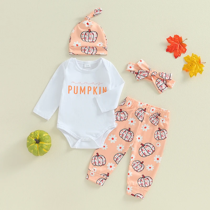 

2024-05-14 Lioraitiin Baby Girl Halloween Outfits Letter Print Long Sleeve Romper Pumpkin Print Pants Headband Hat 4Pcs Set