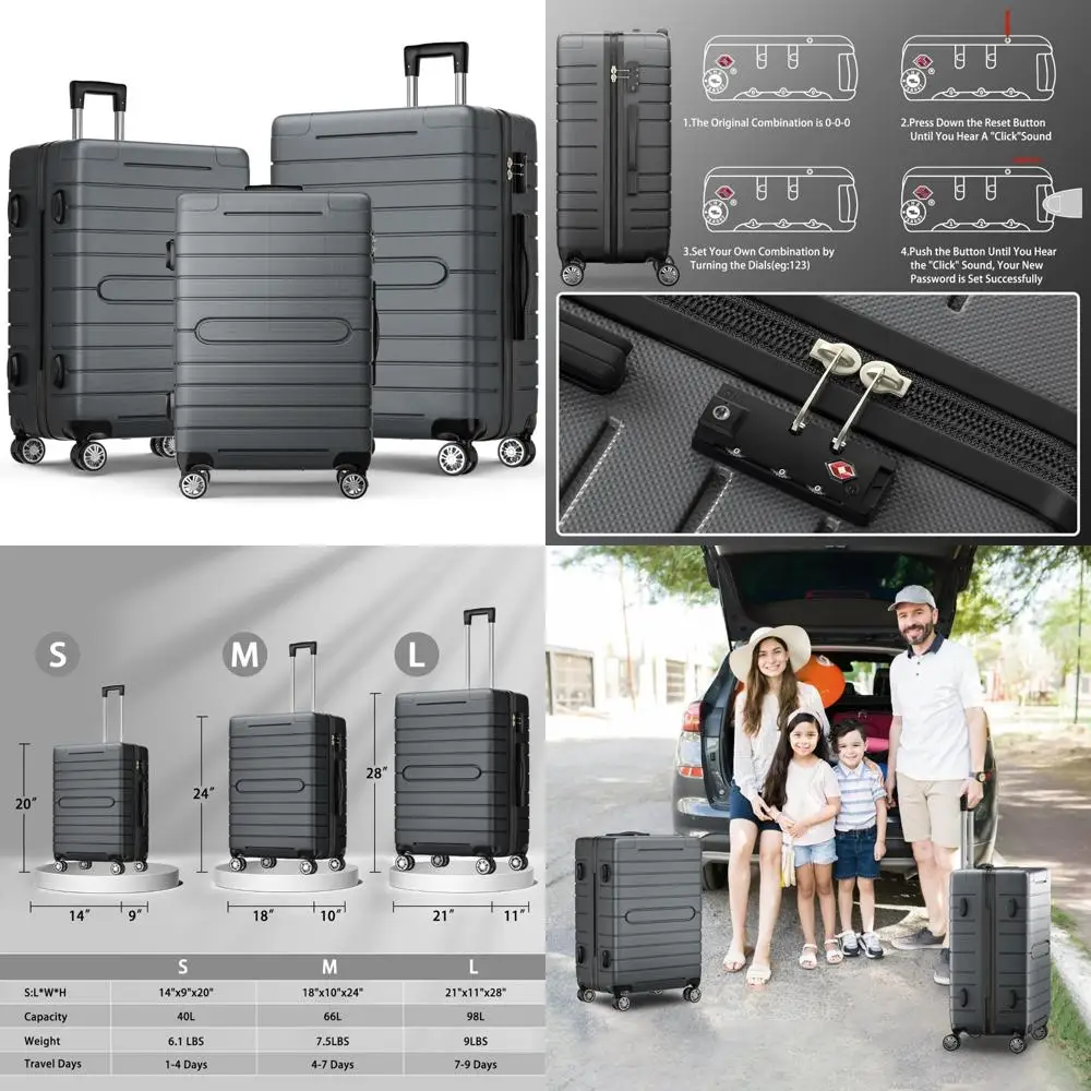 

3-piece spinner luggage set: lightweight 20/24/28 inch abs hard shell suitcases with tsa lock