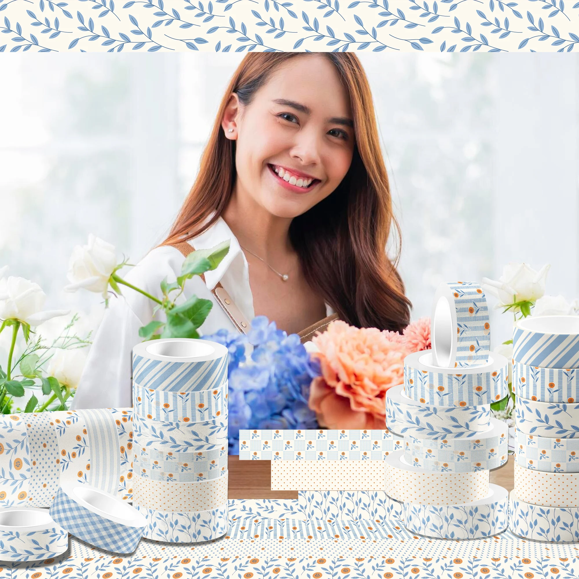 12 Rolls Blue Checkered Flower Washi Tape Set,Decorative Paper Stickers,Craft Tape for Scrapbooking Decoration Party Supplies
