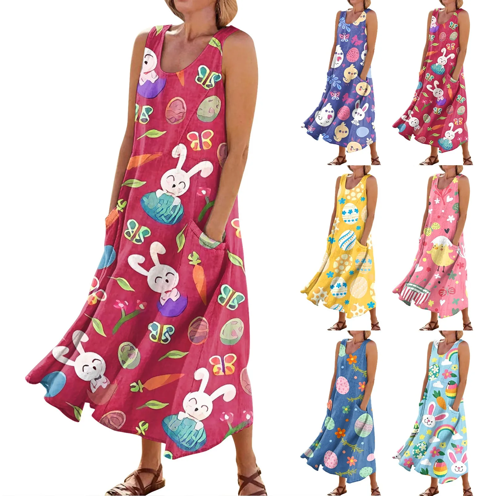 Dresses For Prom Elegant Easter Print Ankle-Length Dresses For Womens 2023 O-Neck Sleeveless Ladies Frocks فستان سهرة نسائي