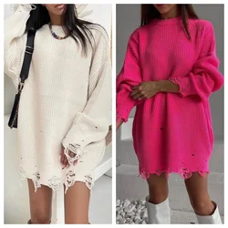 Autumn Winter Streetwear Ripped Hole Women Knitted Sweaters Pullovers Long Sleeve Solid Color Loose Aesthetic Sweater y2k Women