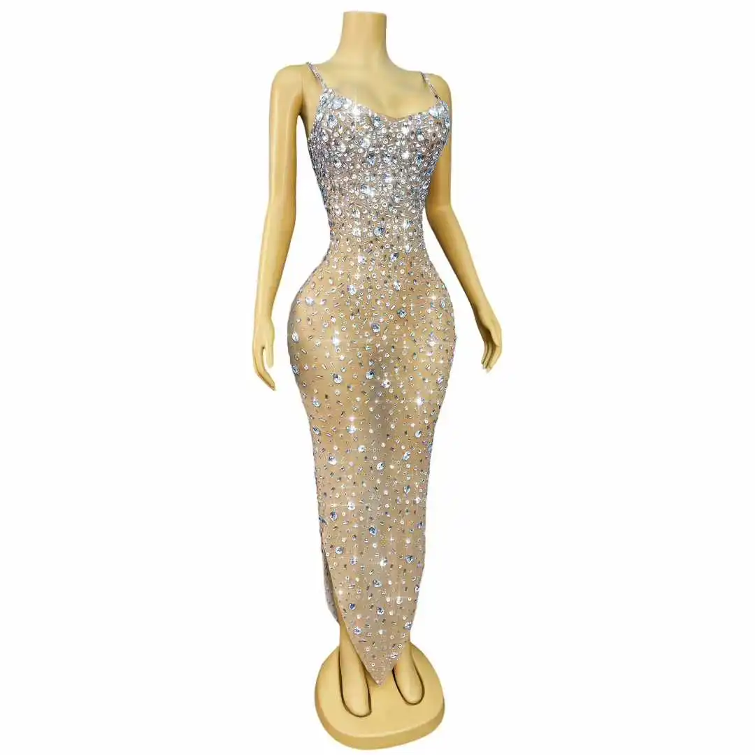 Luxo piscando strass sexy nude malha suspensórios vestido feminino aniversário noite cocktail vestido de festa tapete vermelho palco wear