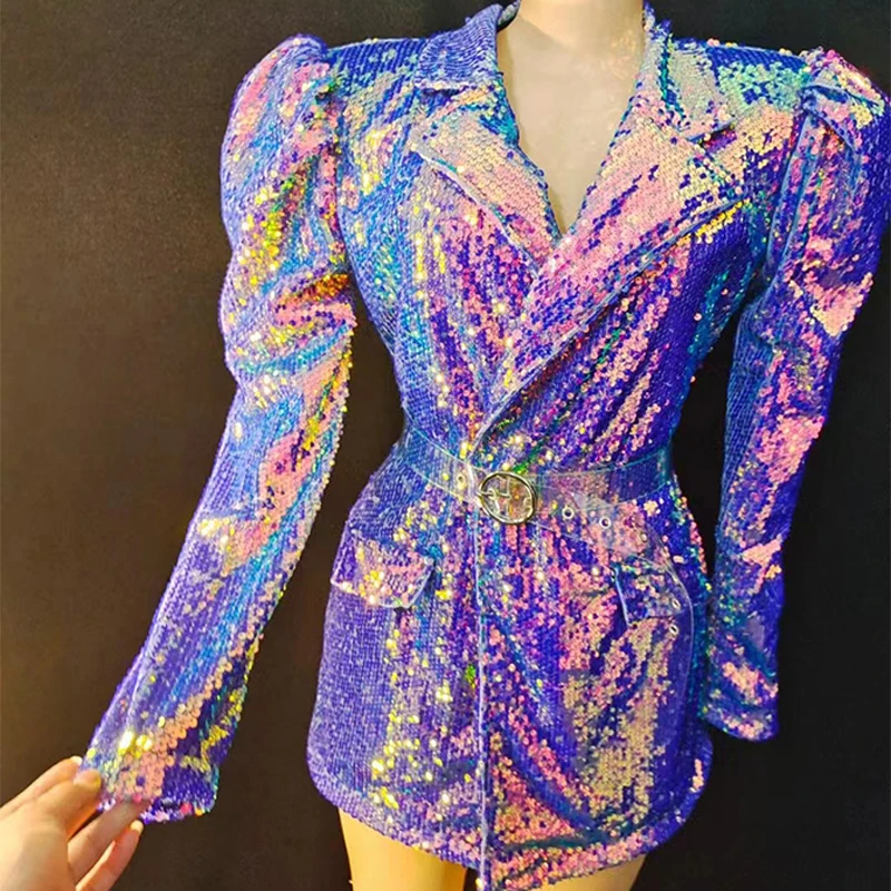 Sänger Tänzer Bühne Kostüm Weibliche Glänzende Lila Pailletten Jacke Nachtclub Gogo Tänzer Outfit Party Rave Festival Kleidung yj035