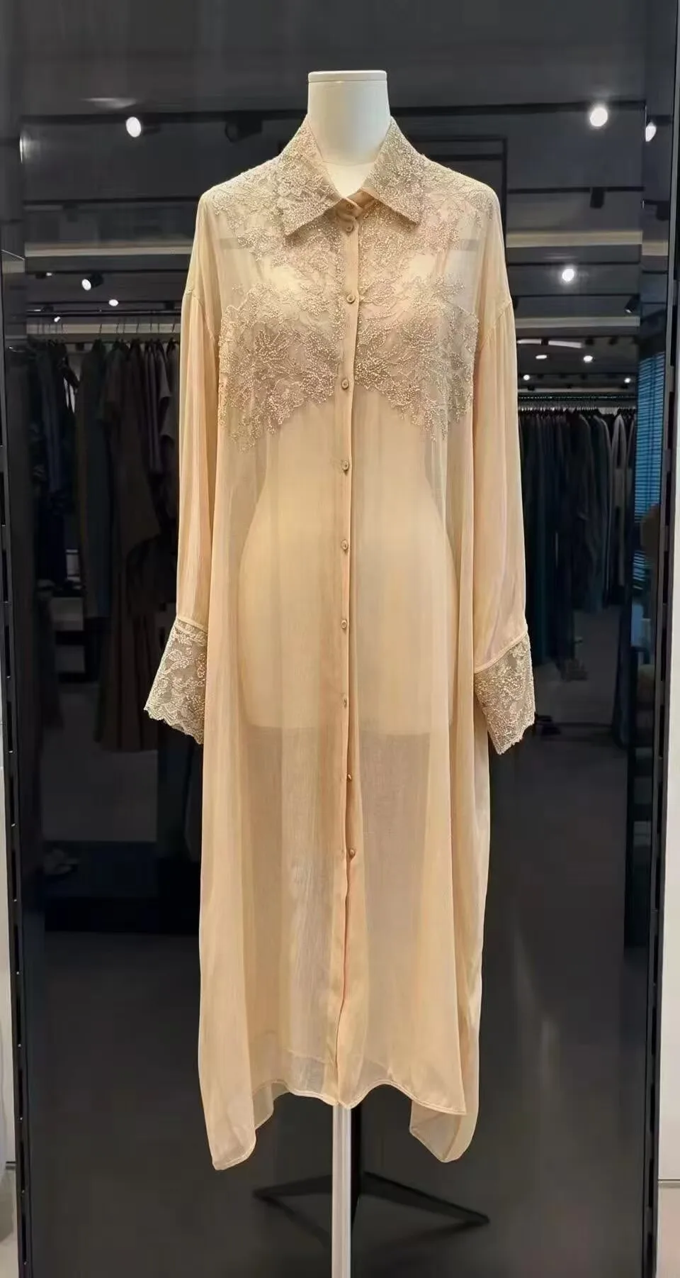 Women 100% Silk Champagne Color Sheer Maxi Shirt Dress Luxury Lace Rhinestone Embroidery Long Sleeve Outerwear