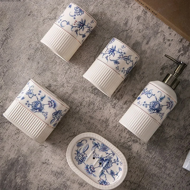 Simple Flower Ceramic Wash Set Creative Hotel Hand Sanitizer Bottle Soap Dispenser Soap Box Set Home Bathroom Accessories
