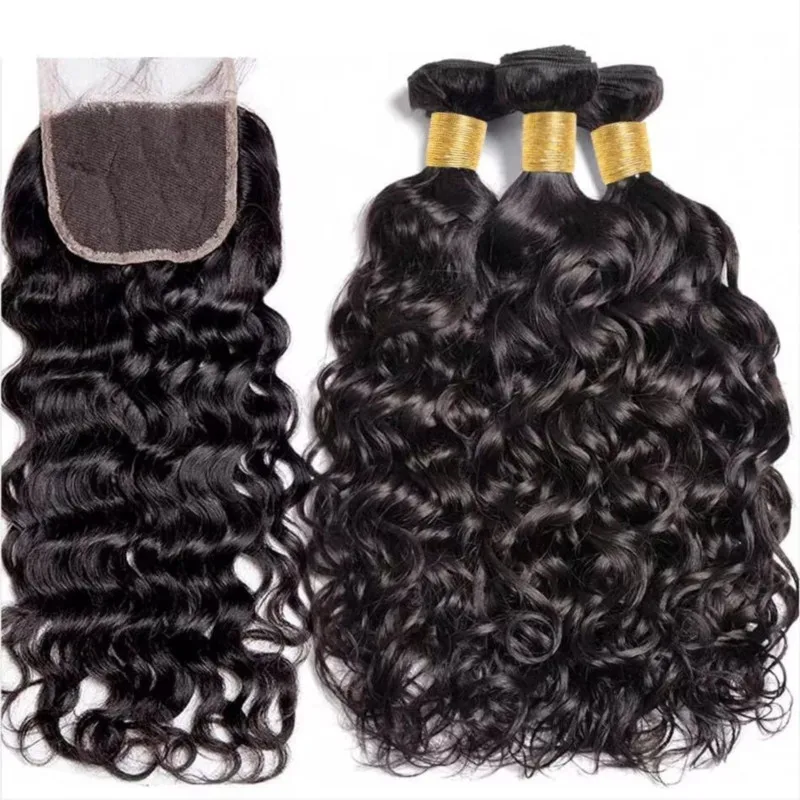 Deep Wave Human Hair Bundles With Closure 4x4 Lace Frontal 3 Bundles Real Human Hair With Closure Extensions 30 Inch For Woman