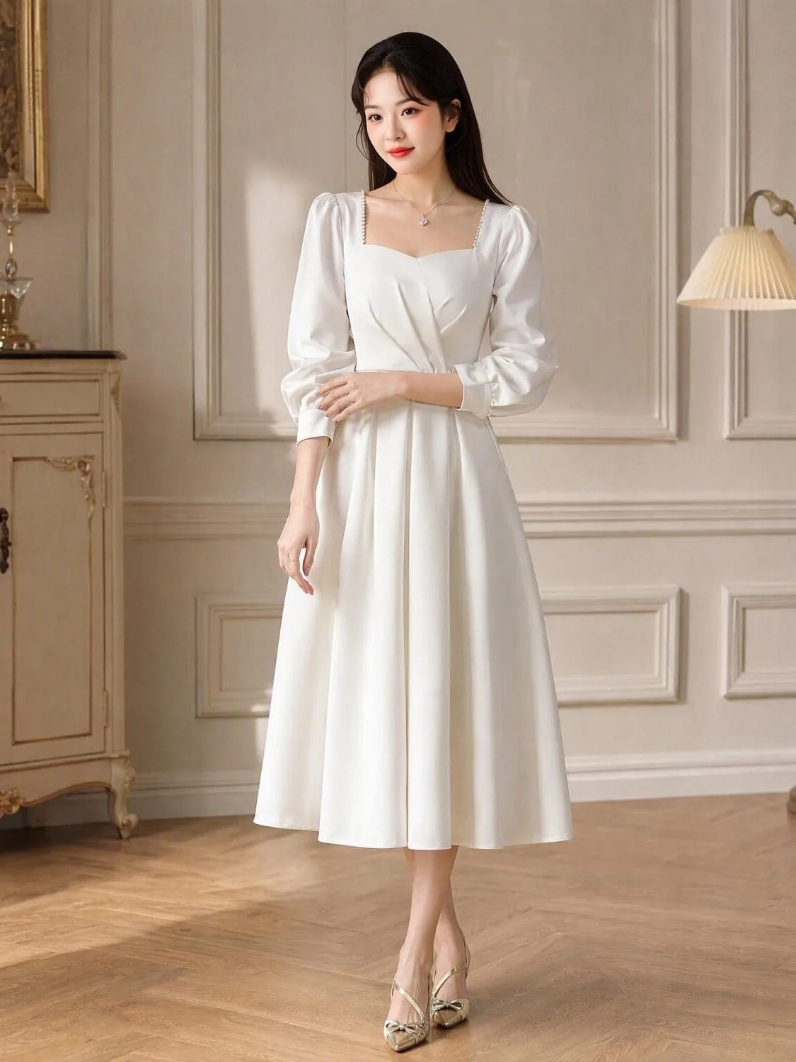 Elegant Pearl Embellished A-Line Midi Dress Long Sleeve Engagement Ceremony Dress Slimming Bubble Design Polyester Fabric