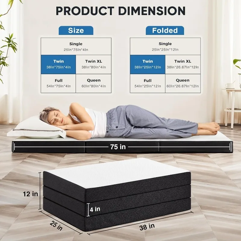 Tri-fold Memory Foam Mattress - 4 Inch Twin Size Portable Floor Bed, Foldable Mat for Kids and Adults