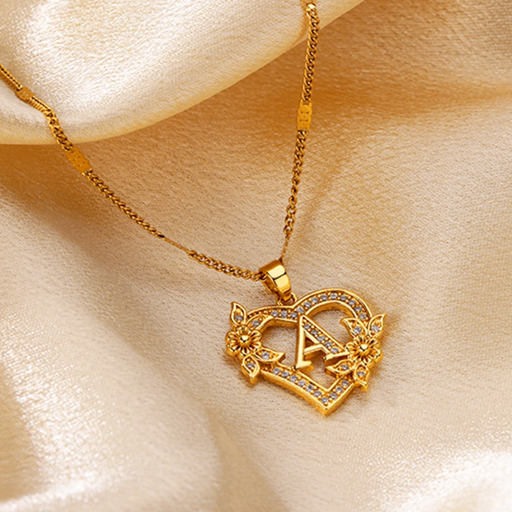 Zircon Flower Heart Initials Letter Necklaces For Women Stainless Steel Heart Gold Color Letter Necklace Chain Wedding Jewelry