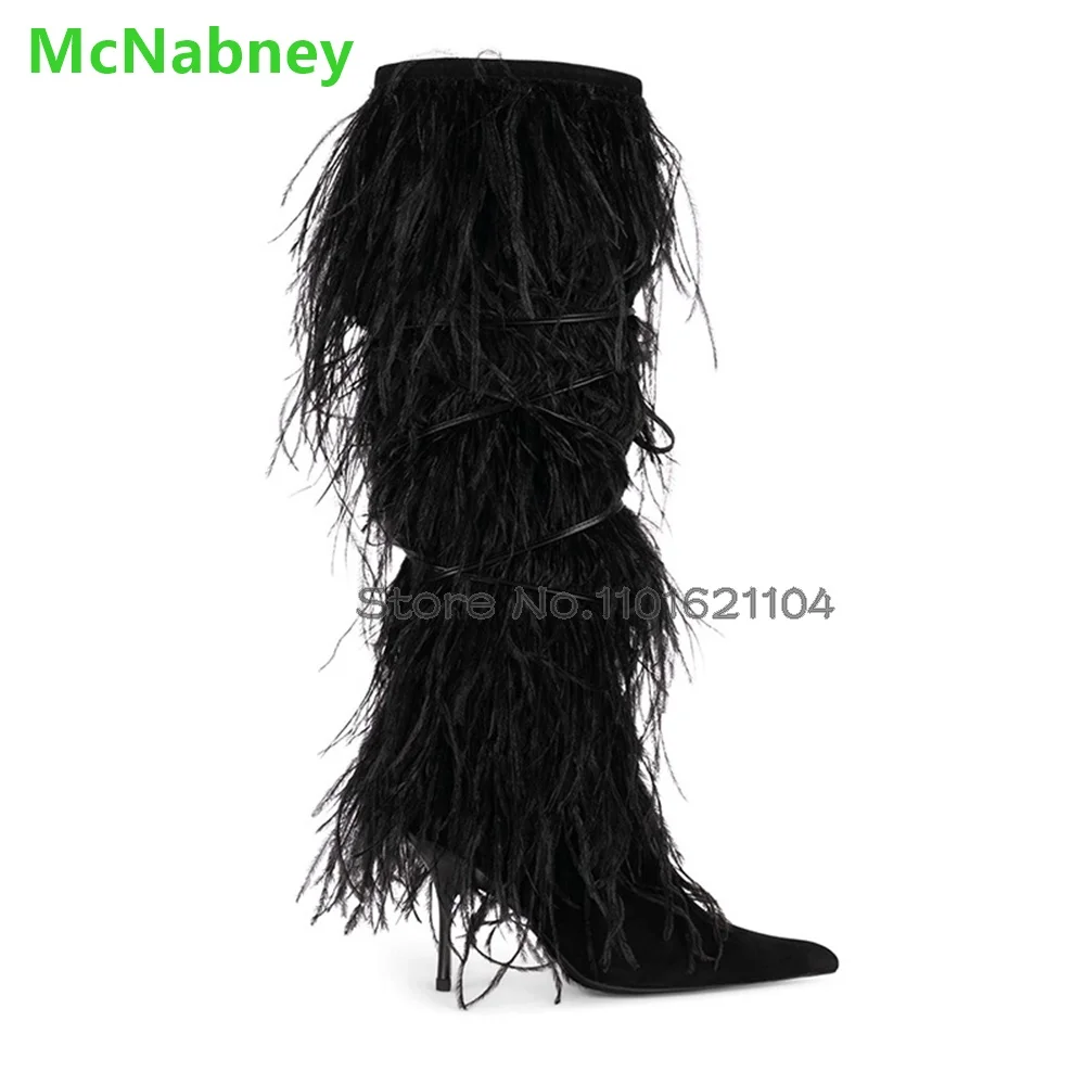 Feather Ponted Toe Thin High Heel Boots For Female Women 2024 Winter New Slip-on Sexy Elegant All-match Fashion Solid Shoes