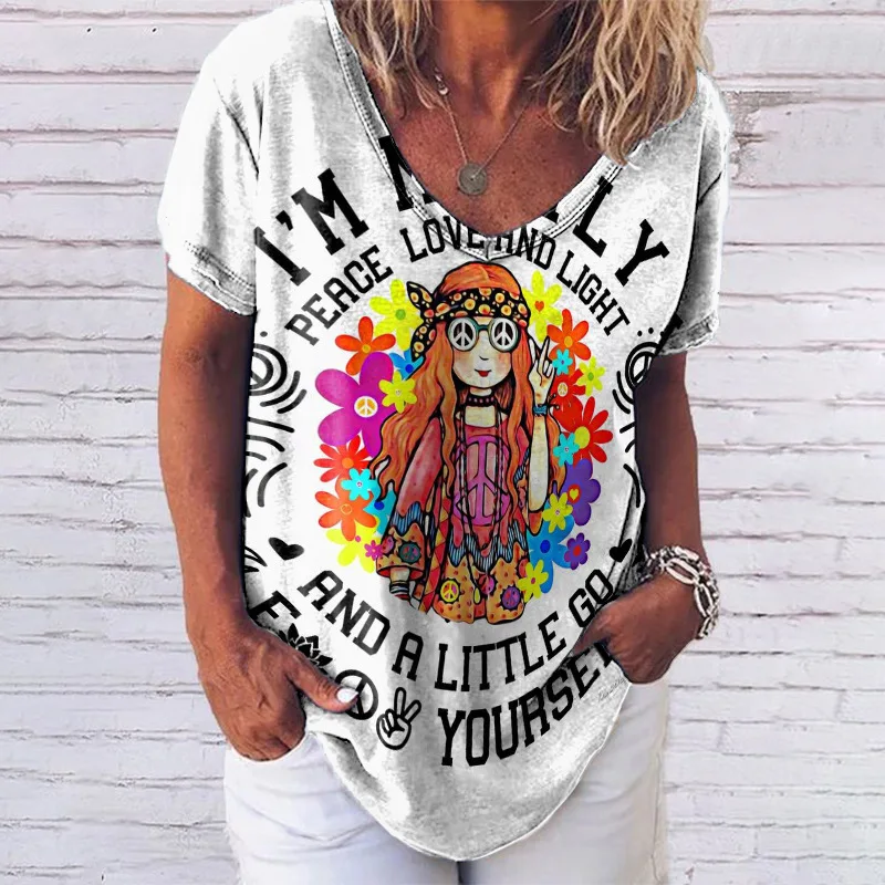 T-shirts For Women Summer 2024 Hippie Women\'s T Shirt Sequin Top Fashion Short Sleeve Print Tops Large Size Loose Tees Shirt